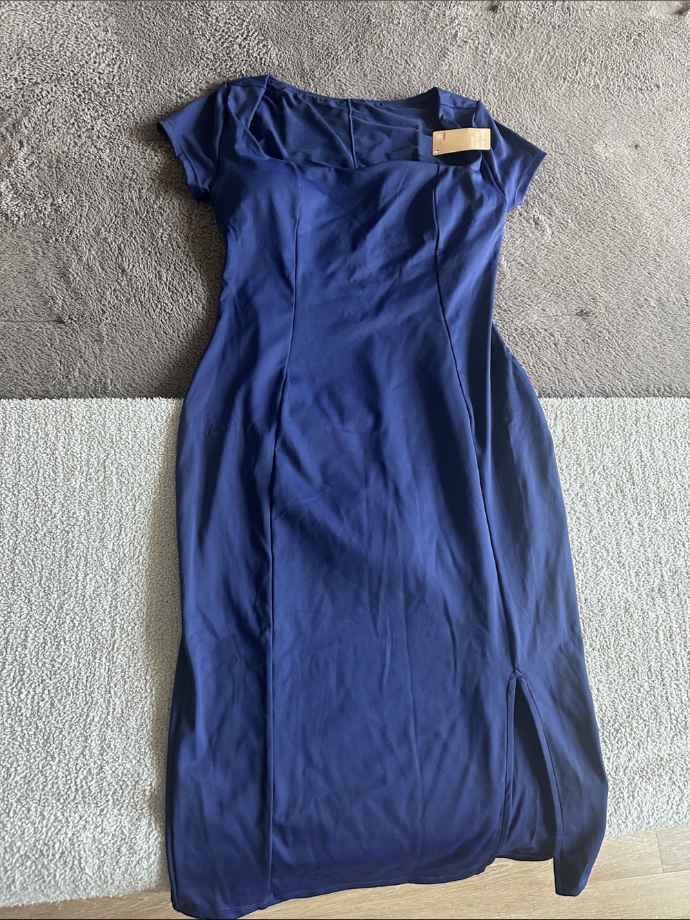 Women's Navy Midi Dress with Cap Sleeves